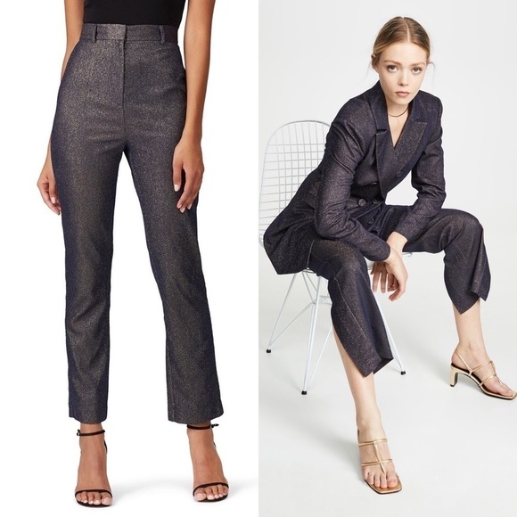 C/MEO‎ 70s Navy Met­al­lic Shimmer Ultra High Waist Slim Ankle Slit Trousers 4 - Picture 1 of 11